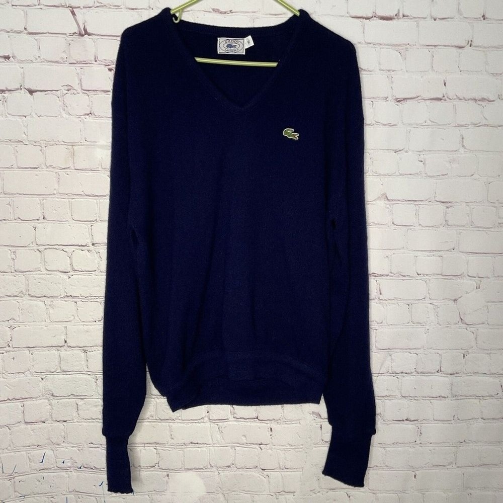 Vintage Izod Lacoste Blue Knit Long Sleeve‎ V-Neck Sweater Men XL Machine Wash